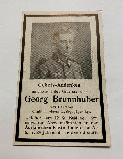 WW2 German Gebirgsjager Memorial Card