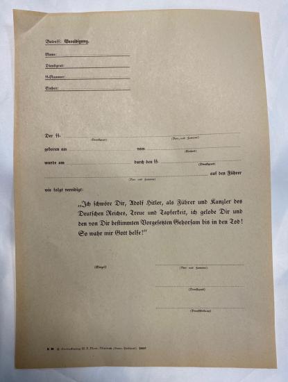 WW2 German Waffen SS Oath Swearing in Document