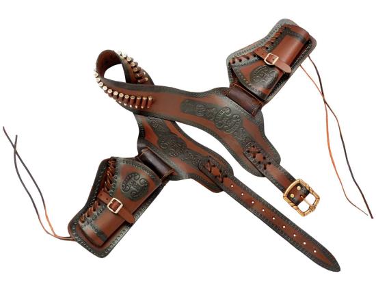 Code: G704 Replica Western Double Holster Brown Leather Cartridge Belt and 24 Bullets