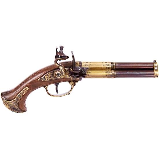 Code: G5309 French 3 Barrel Revolving Flintlock Pistol