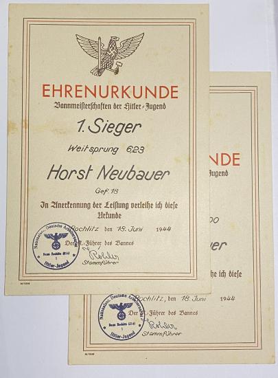 WW2 German Hitler Youth Certificates Of Honour.